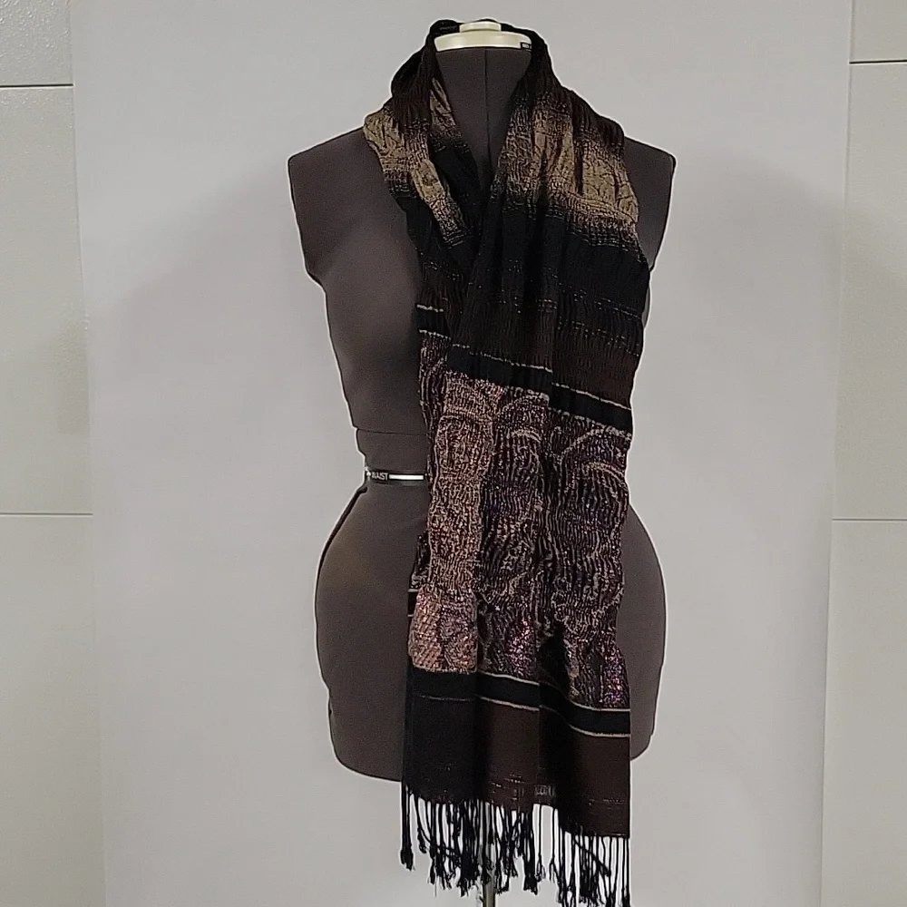 Brown Black Tan Sparkle Paisley Like Print Women's Scarf with Black Fringe